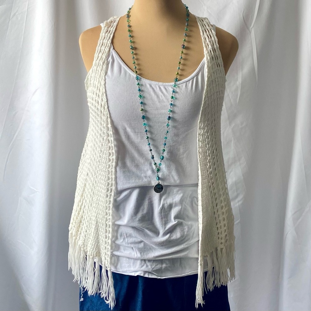 Papaya White Crochet Fringe Vest Size S